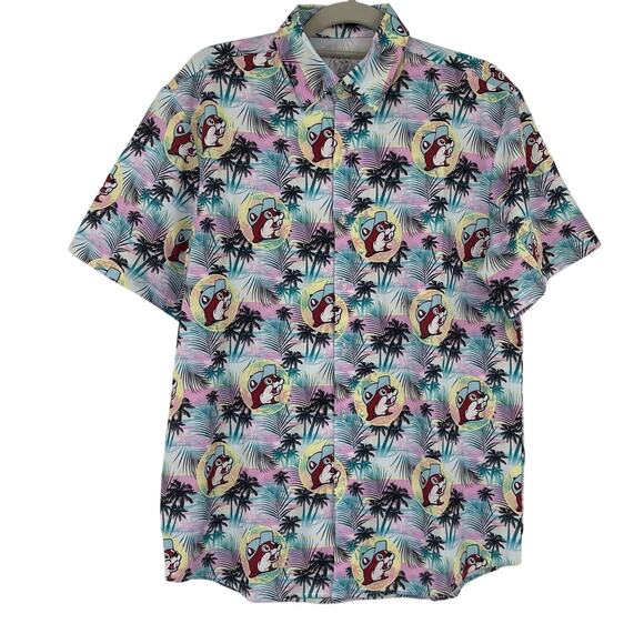 Buc-ee's Hawaiian Button Mens Shirt Sz S Road Trip Beach Novelty Tropical Palm - Picture 1 of 7